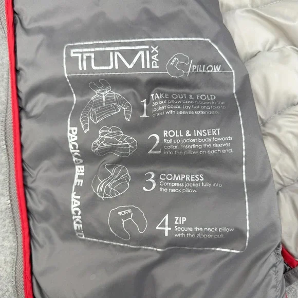 Tumi Pax Packable Travel Pillow Puffer Down Hooded Jacket Silver Gray Women's XL - Picture 5 of 10
